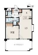 1LDK、価格5750万円、専有面積44.14m2、バルコニー面積14.88m2 44.14m2・1LDKの間取り。約14.88m2のルーフバルコニー付きで、リビング・洋室の両方から出入り可能。水まわりを集約した家事動線と、豊富な収納を備えた使い勝手の良い住空間です。