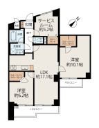 2LDK+S（納戸）、価格9390万円、専有面積82.17m2、バルコニー面積9.04m2 82.17m2のゆとりある2SLDK＋2WIC。約17.1帖のLDKを中心に、約10.1帖・約6.2帖の洋室と約5.2帖のサービスルームを配置。2つのWICを備え、収納力にも配慮された間取りです。