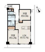 2LDK、価格4999万円、専有面積54.03m2、バルコニー面積16.33m2 2LDK+全居室収納付きの使い勝手の良い間取り。約10.7帖のLDKを中心に居室を配置し、生活動線にも配慮されています。二面バルコニーにつき通風・採光良好な住空間です。