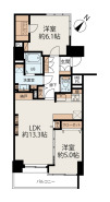 2LDK、価格6299万円、専有面積59.76m2、バルコニー面積6.27m2 約13.3帖のLDKを中心に、約6.1帖・約5.0帖の洋室を配置した2LDK。ウォークインクローゼットや収納、DENを備え、収納力と使い勝手を両立した機能的な間取りです。